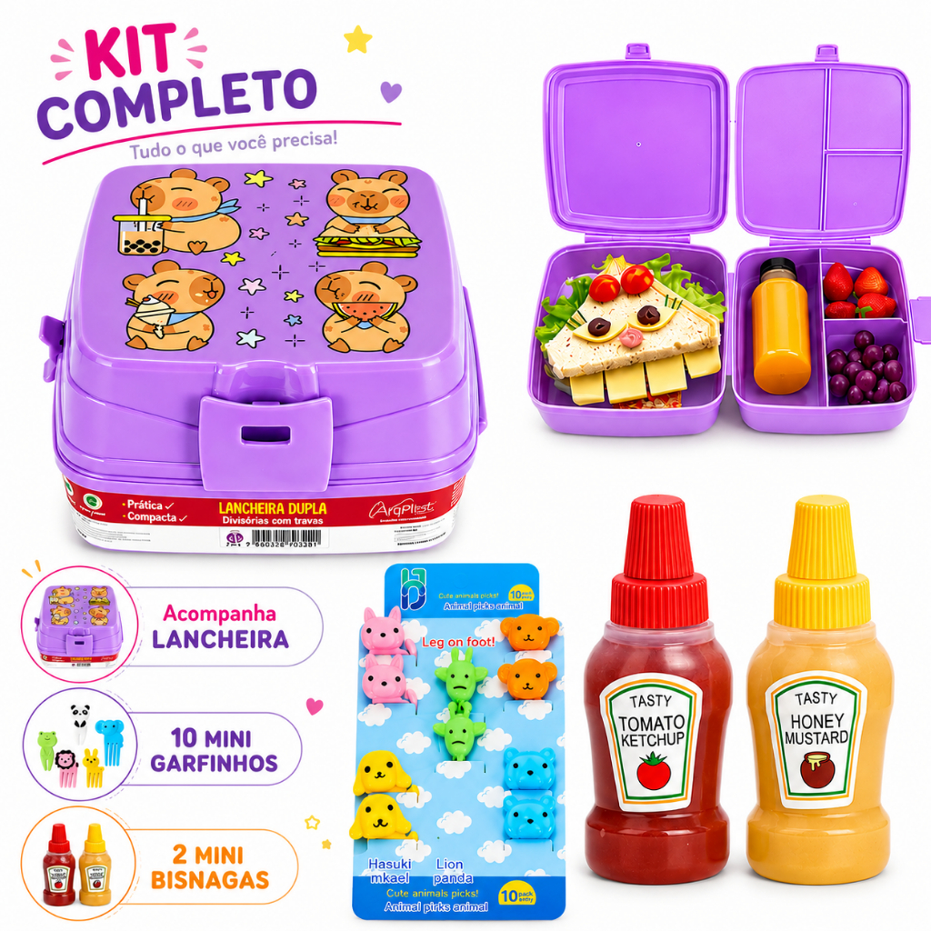 Lancheira Infantil Escolar Safari Kit Completo com 10 Garfinhos e 2 Mini Bisnagas Marmita Lanche