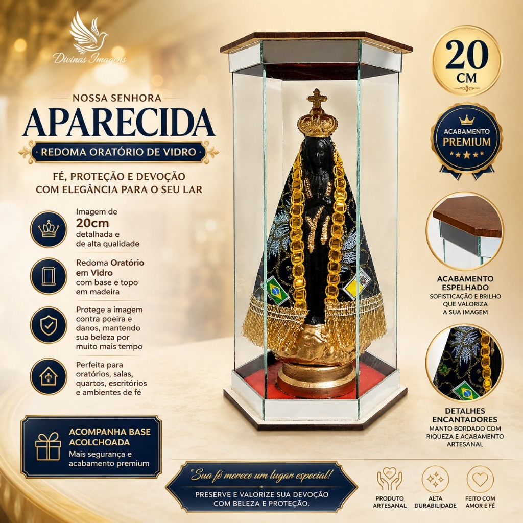 Redoma Oratório de Vidro Nossa Senhora Aparecida 20cm Imagem Religiosa Decorativa