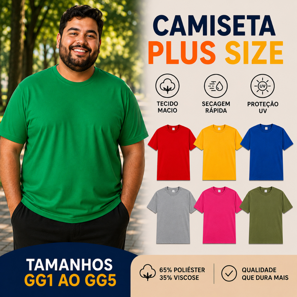 Camiseta Básica Masculina Plus Size GG1 ao GG5 - Amarela, Verde, Azul, Vermelha, Cinza, Rosa