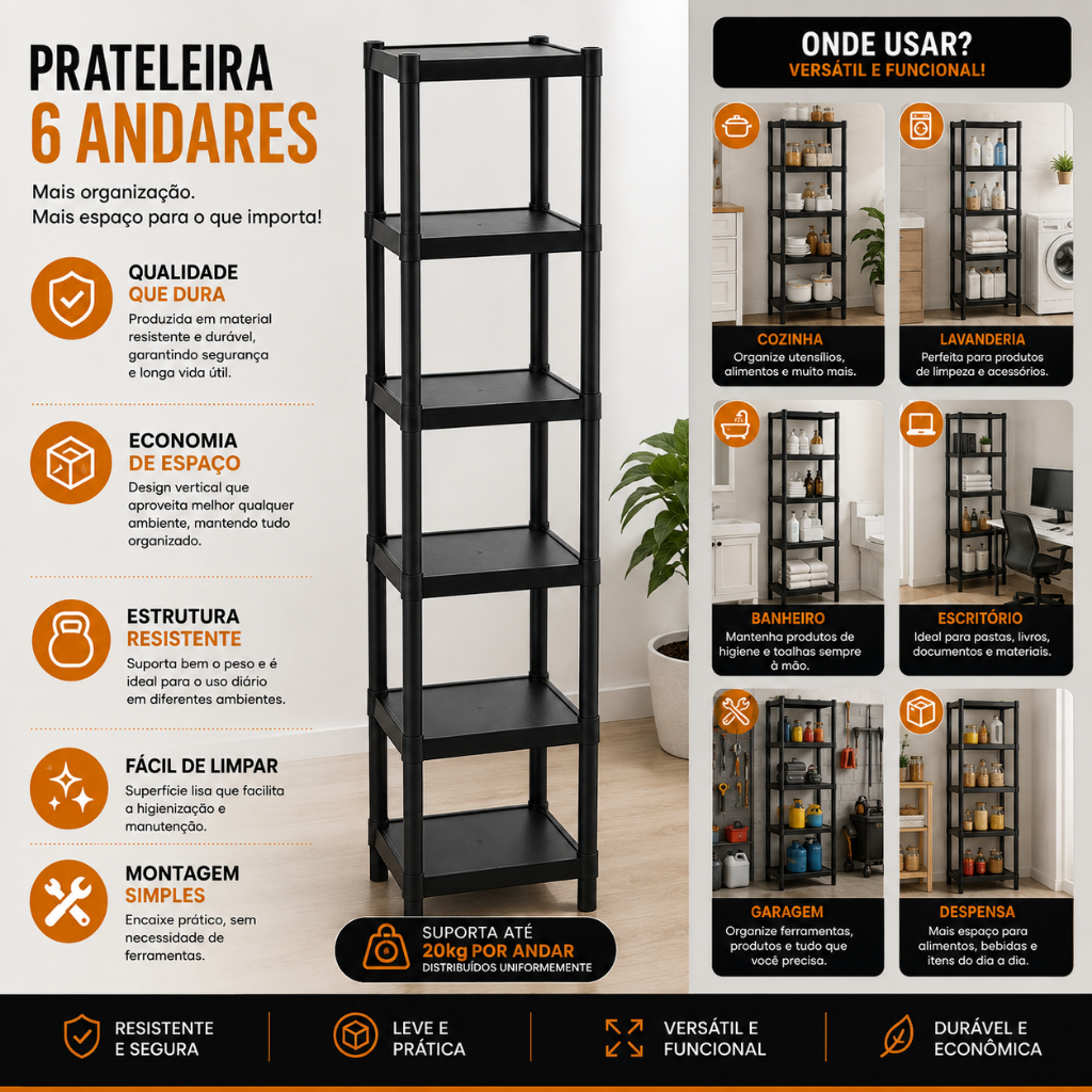 Estante Organizadora Multiuso 6 Andares Preta Prateleira Sapateira Banheiro Cozinha Quarto Lavanderia Casa Escritório