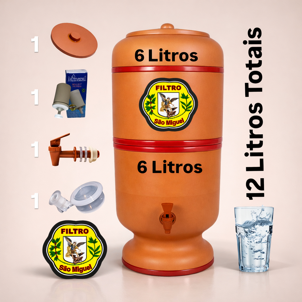 Filtro de Barro 12, 10, 8, 6 e 4 Litros Completo, Vela, Boia, Torneira, Tampa Bebedouro Tradicional