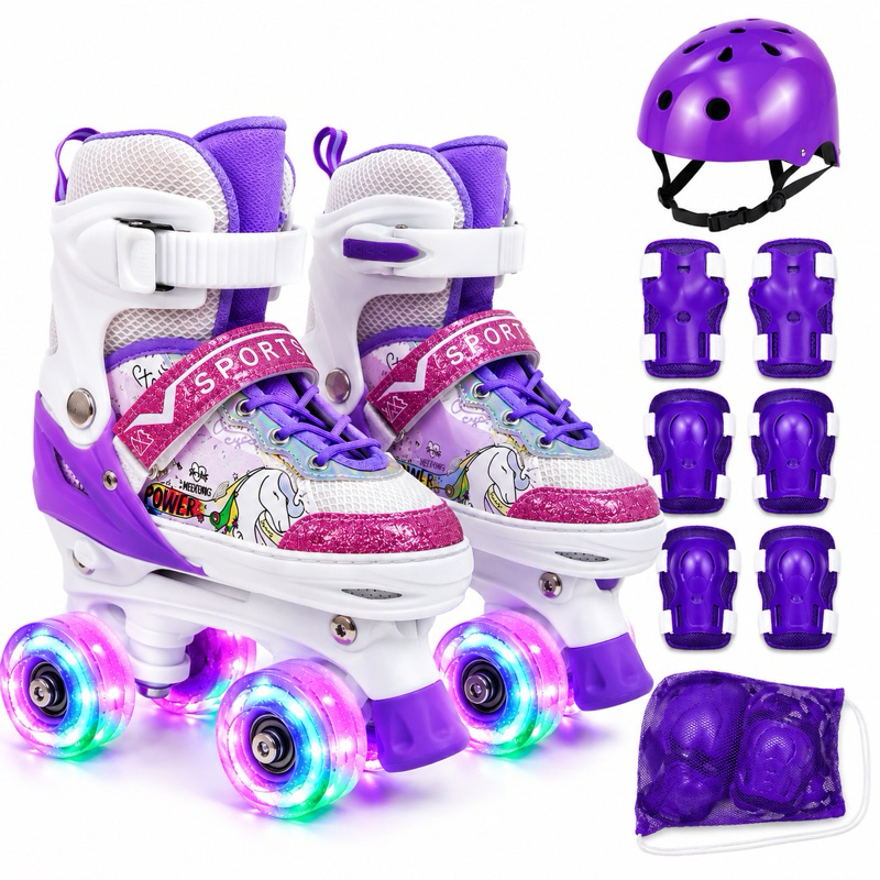 Patins Infantil Unicórnio Roxo 4 Rodas Regulável com luz de LED Com e Sem Kit de Segurança
