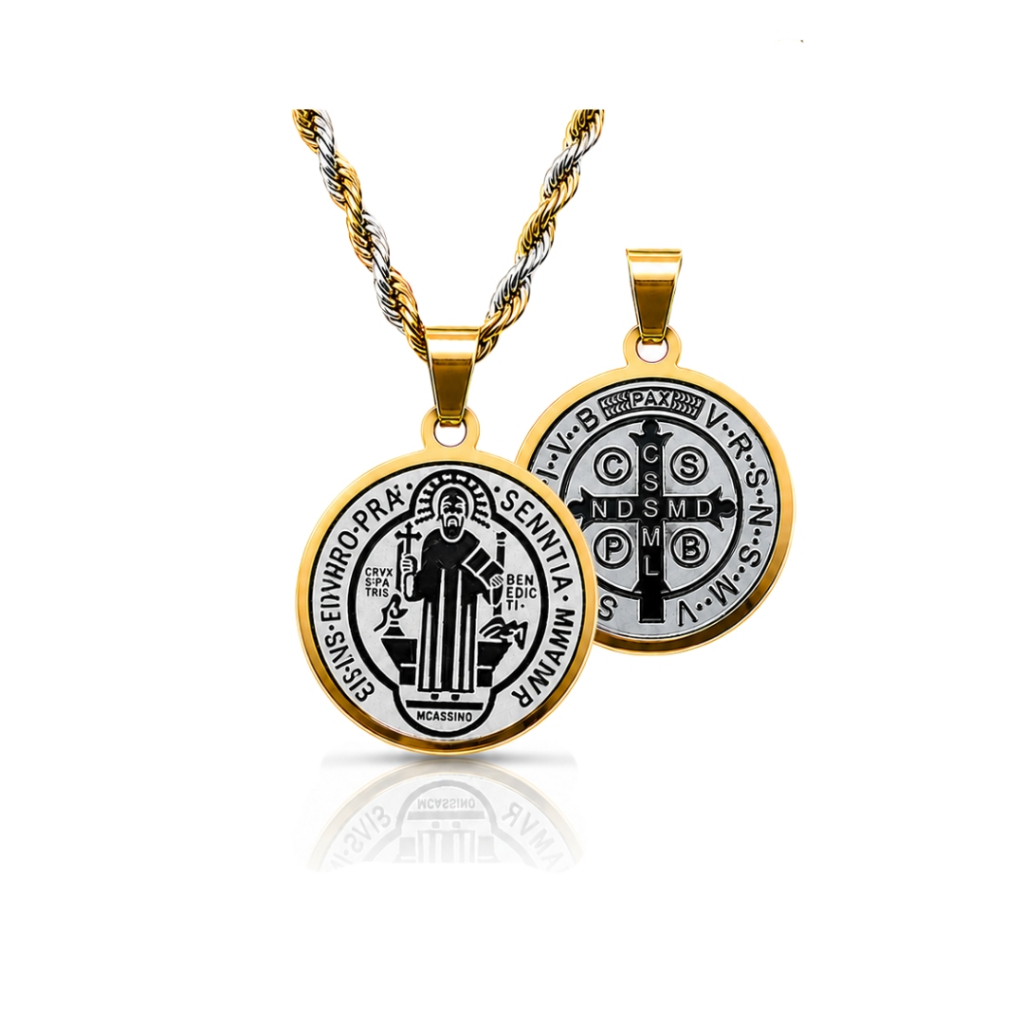 Medalha São Bento 2 Cores Prata e Dourado Dupla Face Aço Inox Com Corrente 2 Cores Proteção