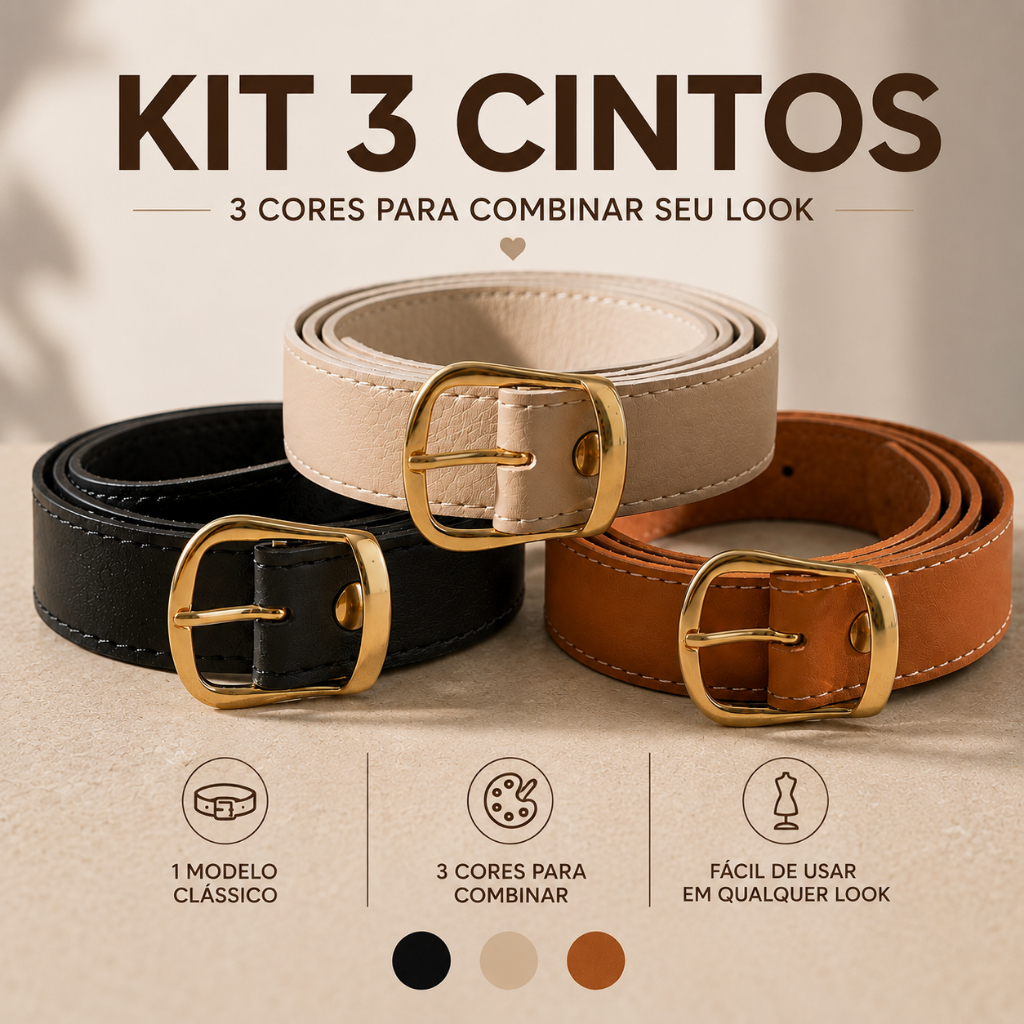 Kit 3 Cintos Feminino Casual com Fivela Dourada