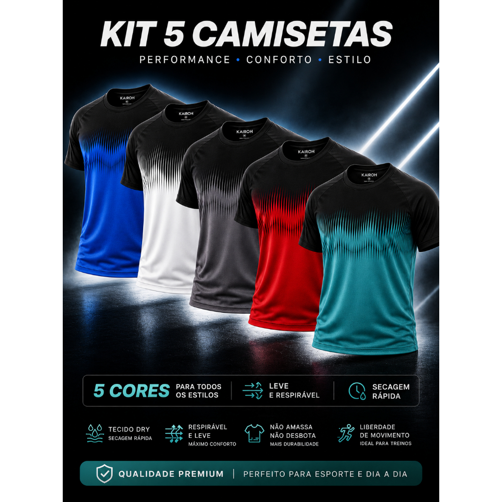 KIT 5 Camiseta DRYFIT Masculina Esportiva Leve Respiravel Para Academia Corrida Musculacao
