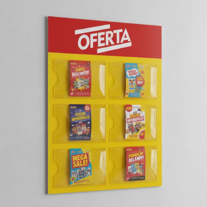 Quadro Ofertas Promoção Avisos Liquidação Anúncios Porta Folhas Mercado 6 Displays A4 ACM Amarelo