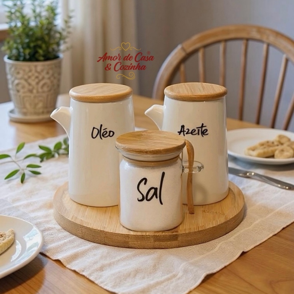 KIT GALHETEIRO 4 PEÇAS PORCELANA E BANDEJA DE BAMBU JADE