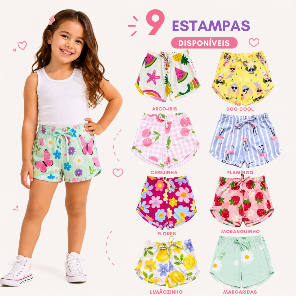 Shorts Infantil Feminino Menina Ribana Canelada Estampado Confortável Verão