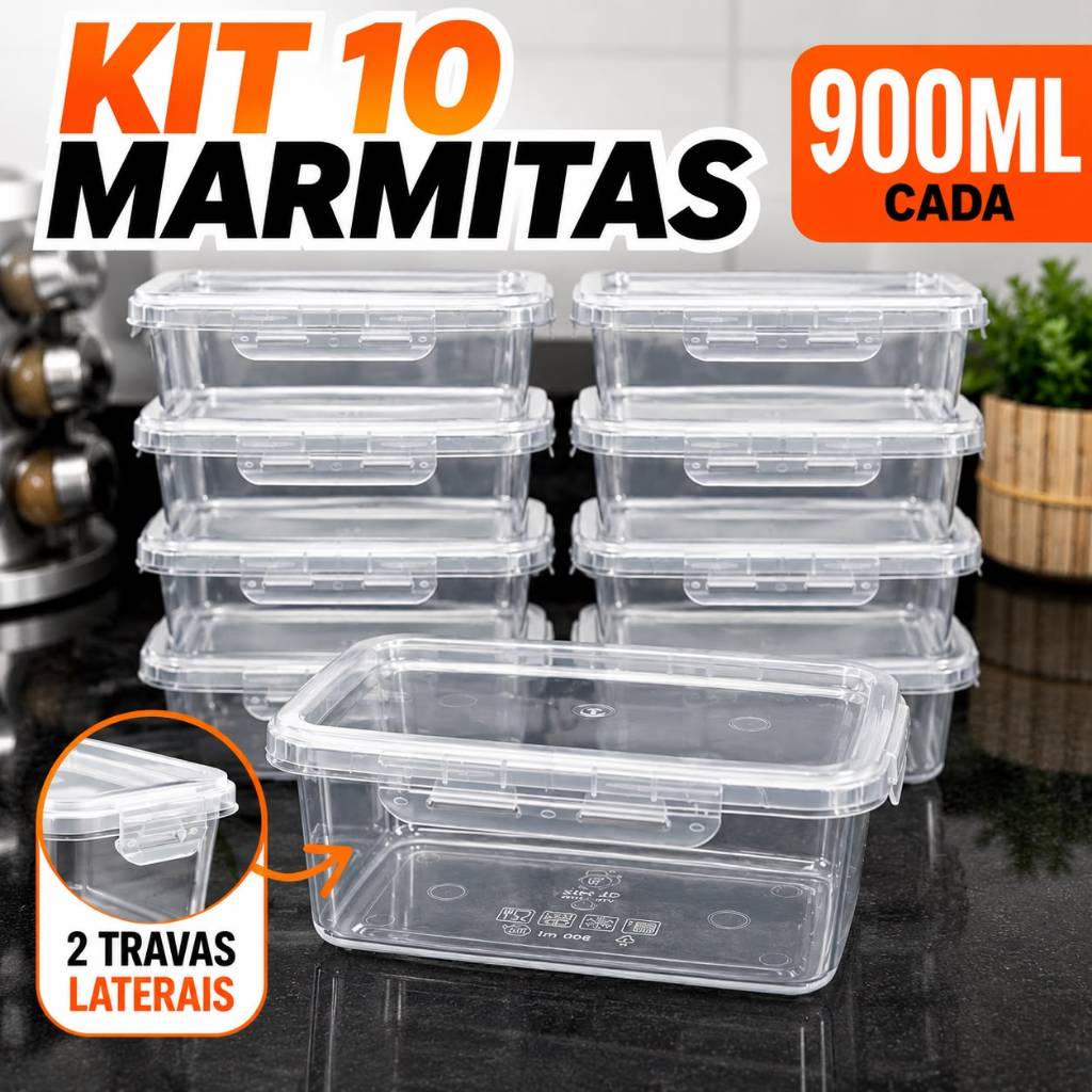 Imagem Kit 10 Marmitas 900ml com Travas Potes Herméticos - Livres de BPA para Alimentos organiza congelador