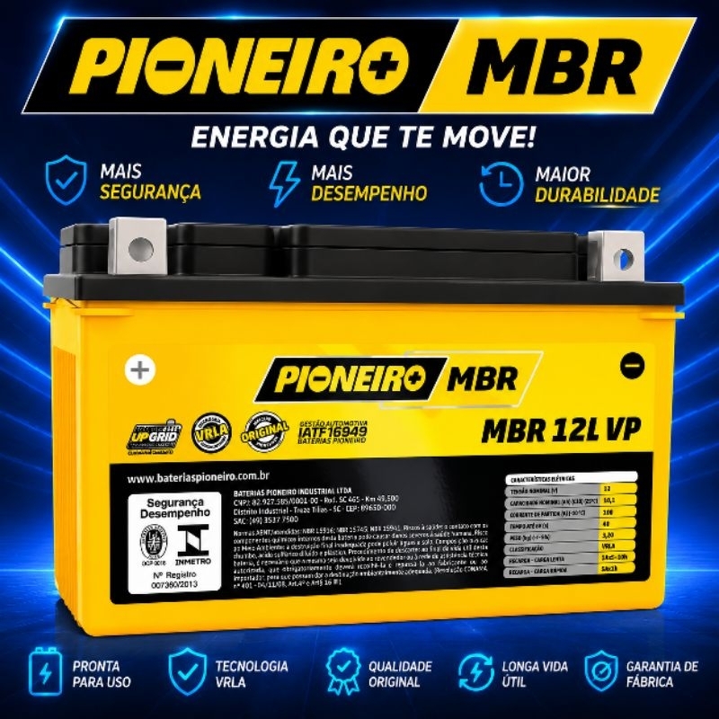 Bateria Pioneiro Moto 12V 10.1Ah MBR12LVP Compatível Honda CBR Suzuki Bandit