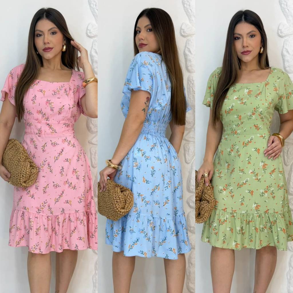 Vestido Feminino Curto Evangélico Estampado Floral com Manga Curta Soltinho Igreja
