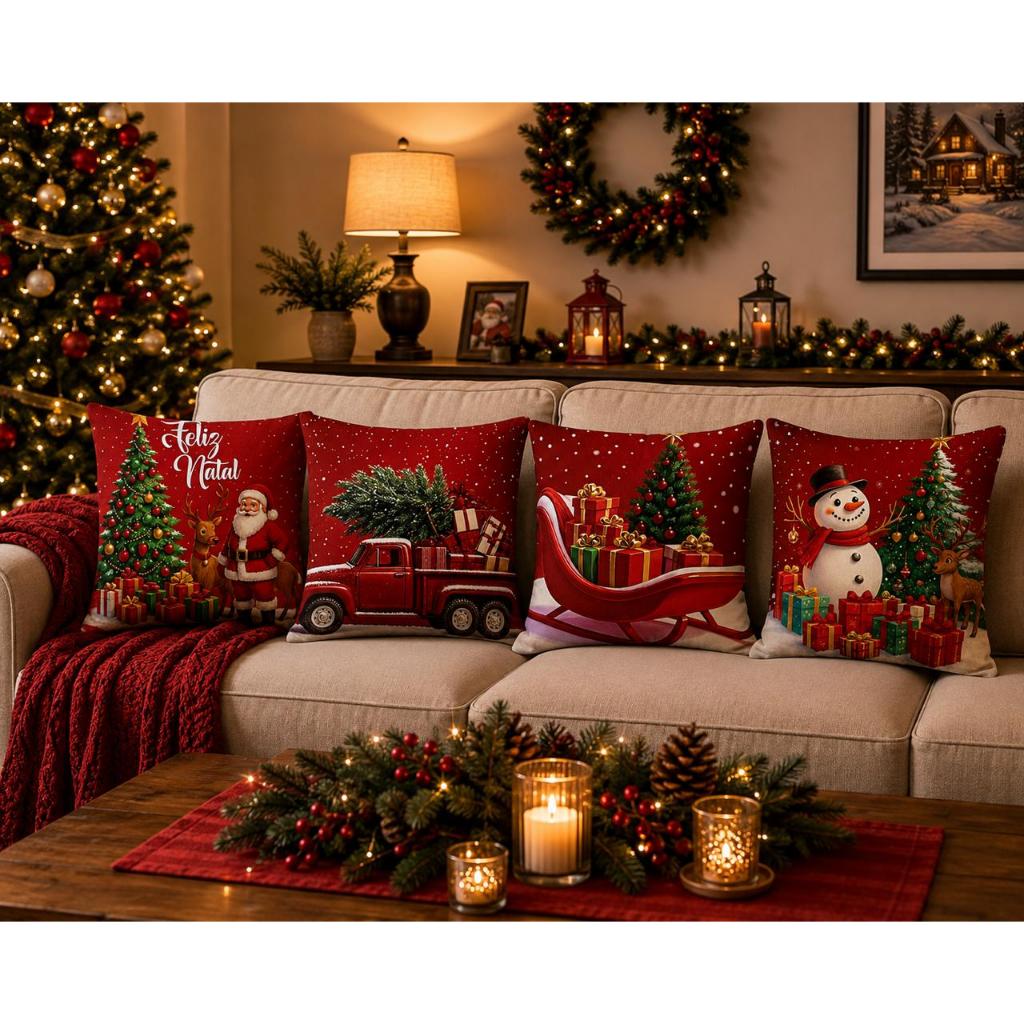 Kit 4 Capas Almofada Natal 45x45 Várias Estampas Decorativas