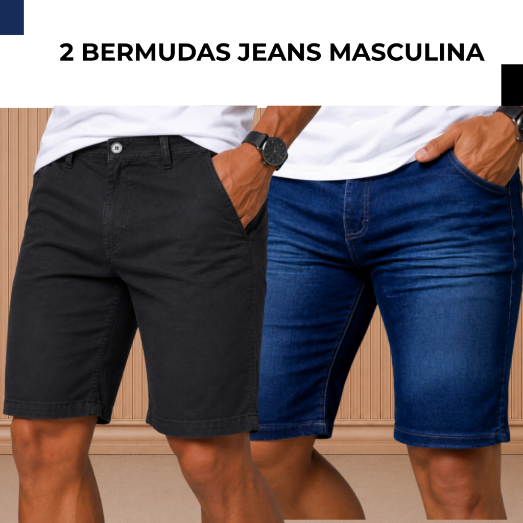 Kit 2 Bermudas Jeans Masculinas com Elastano Slim | Denim Premium | Conforto para Verão e Dia a Dia