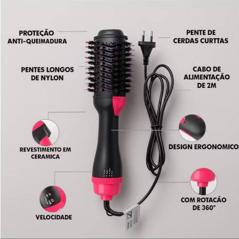 Escova Secadora Modeladora 3 em 1 Bivolt Giratória 360° Alisa Seca Modela Cabelos com Revestimento Cerâmico