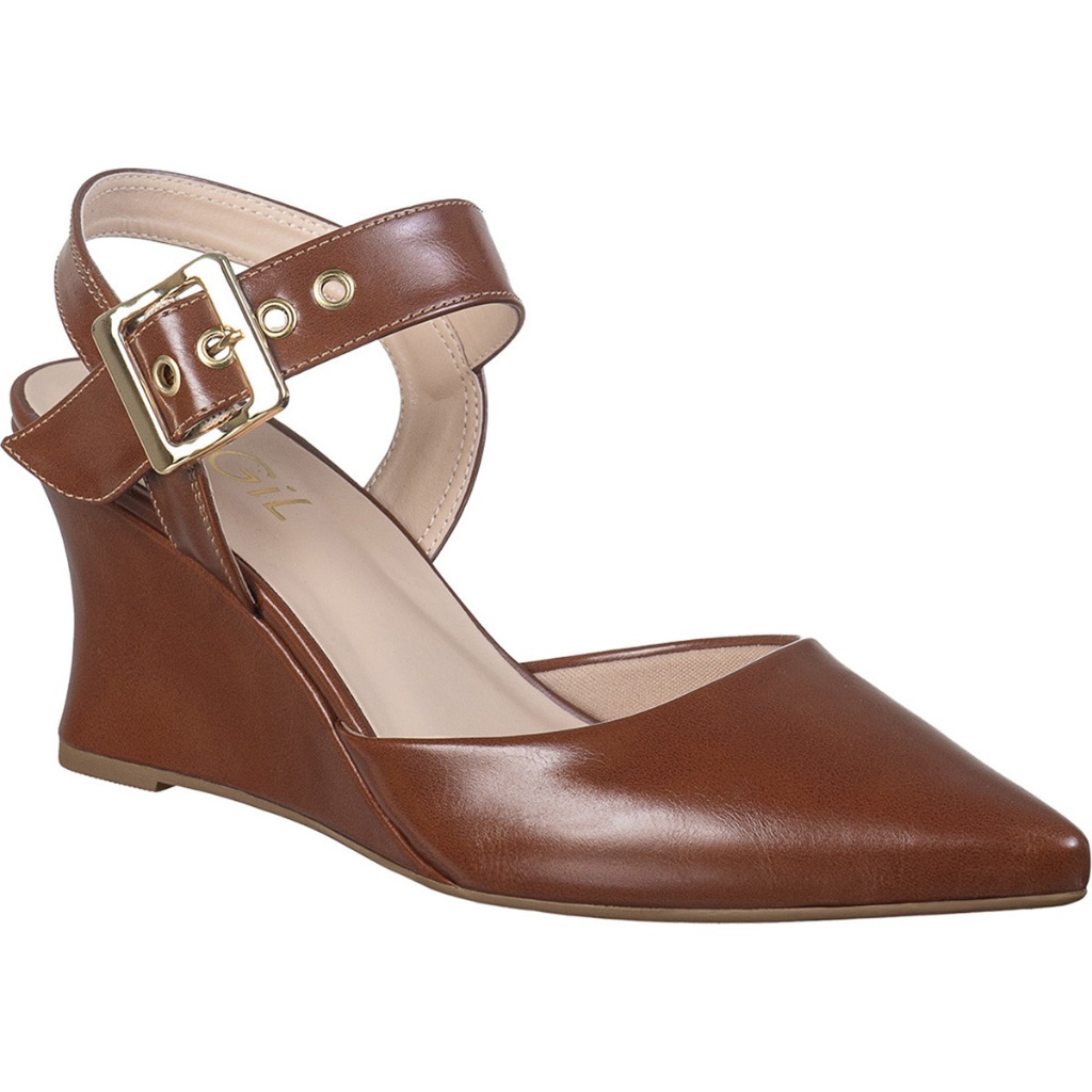 Scarpin Feminino Bico Fino Salto Anabela Cunha Fivela Dourada Ajustável Tornozelo Elegante Conforto Valentina GiGiL
