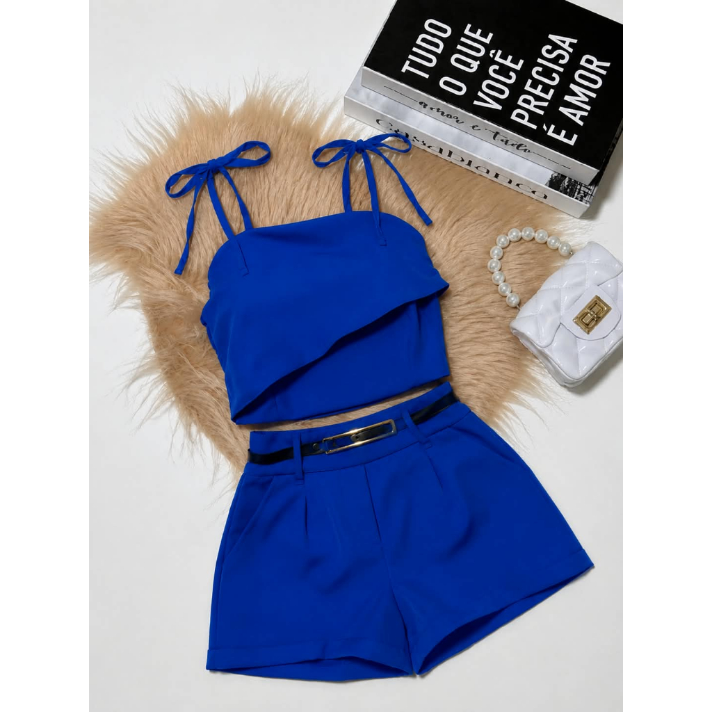 Conjunto feminino juvenil alfaiataria de 2 peças: Sem Mangas e Short Sólida — imagem 2 de 2