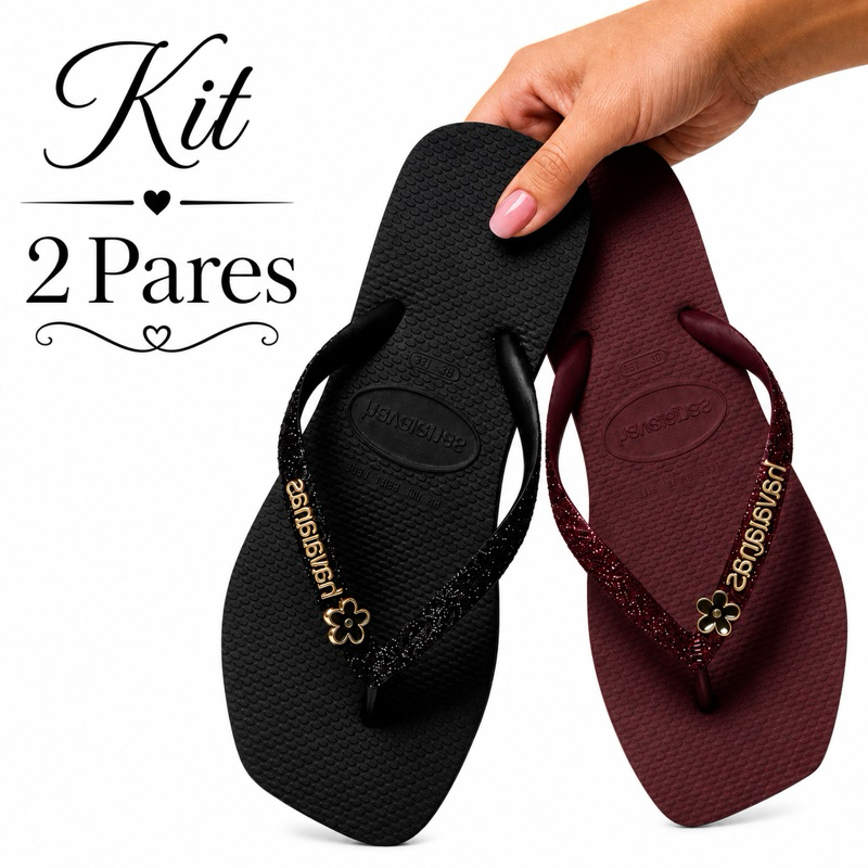 Kit 2 Pares de Chinelos Femininos Glitter com Pingente | Sandália Feminina | Envio Imediato