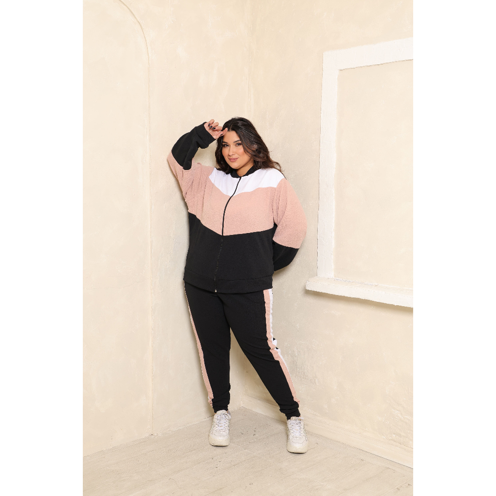 Conjunto De Frio Feminino Plus Size Malha Crepe Com Zíper