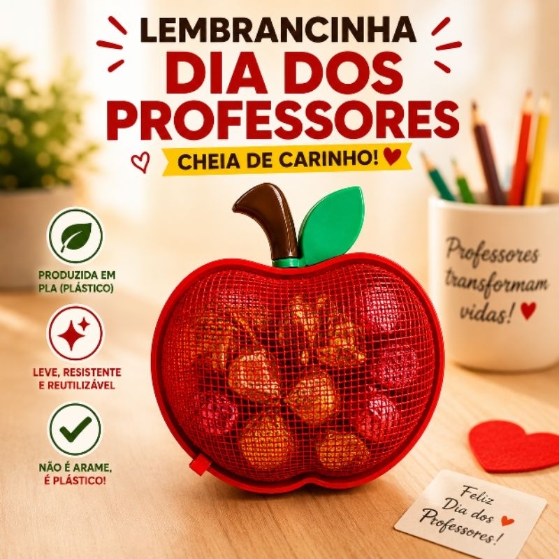 Lembrancinha Dia dos Professores Maçã 3D Porta Bombom Cestinha para Doces Presente Professor
