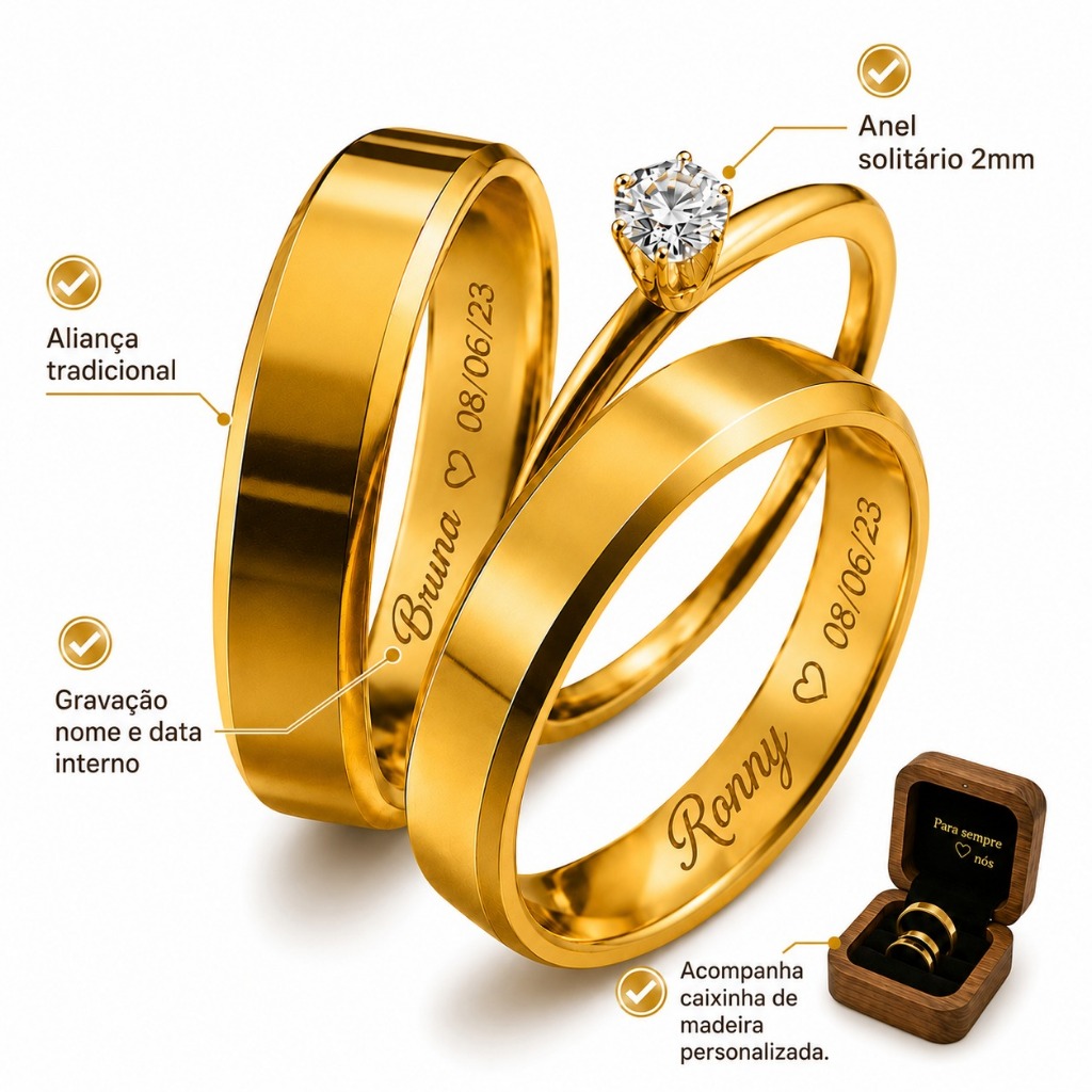 Par de Alianças + Gravação + Anel Solitário aliança 18k Noivado Compromisso Casamento com Caixa (Cod-106)