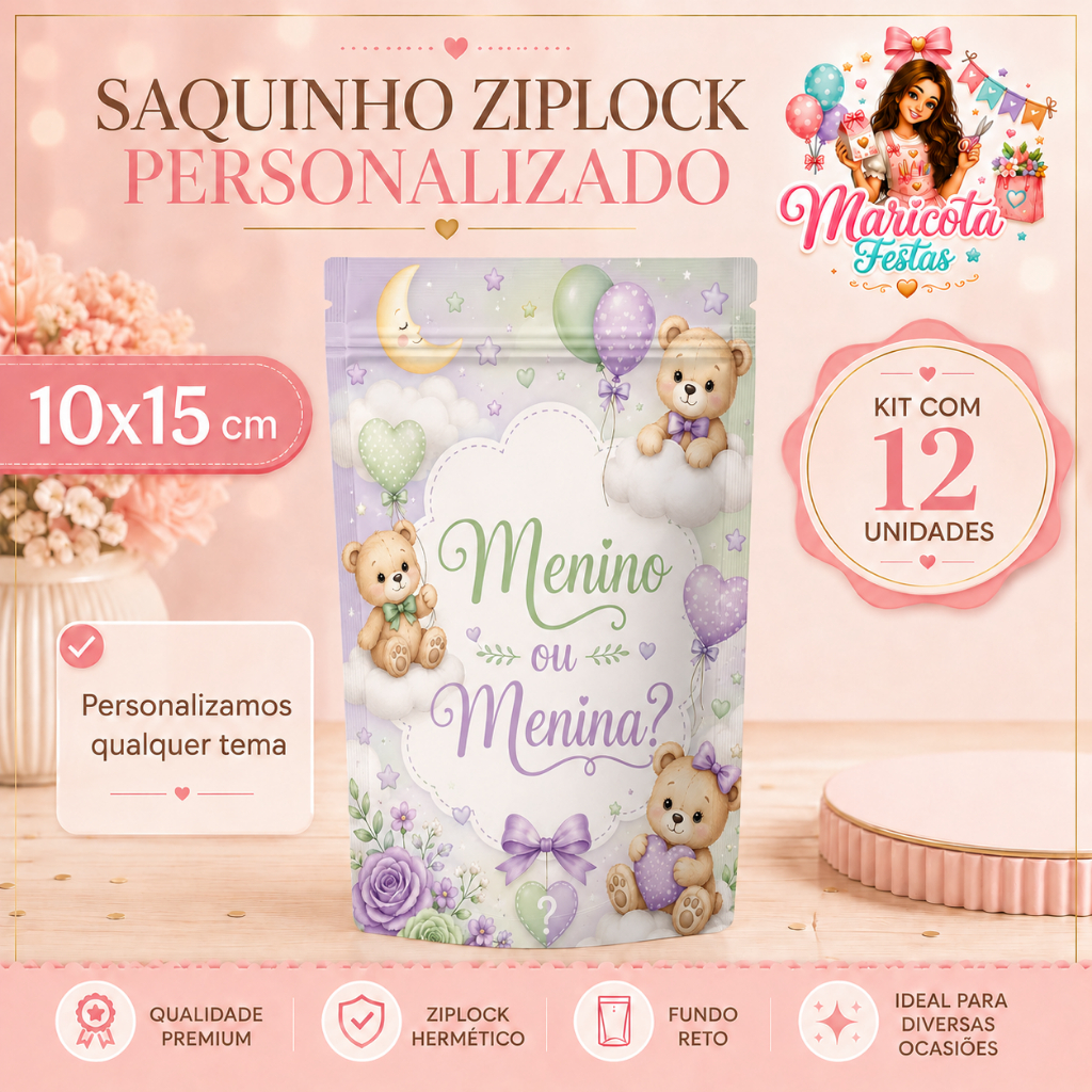 “Saquinho Zip Lock Personalizado 10x15cm  Lembrancinha Festa Infantil Aniversário Chá Bebê Revelação | Qualquer Tema”.