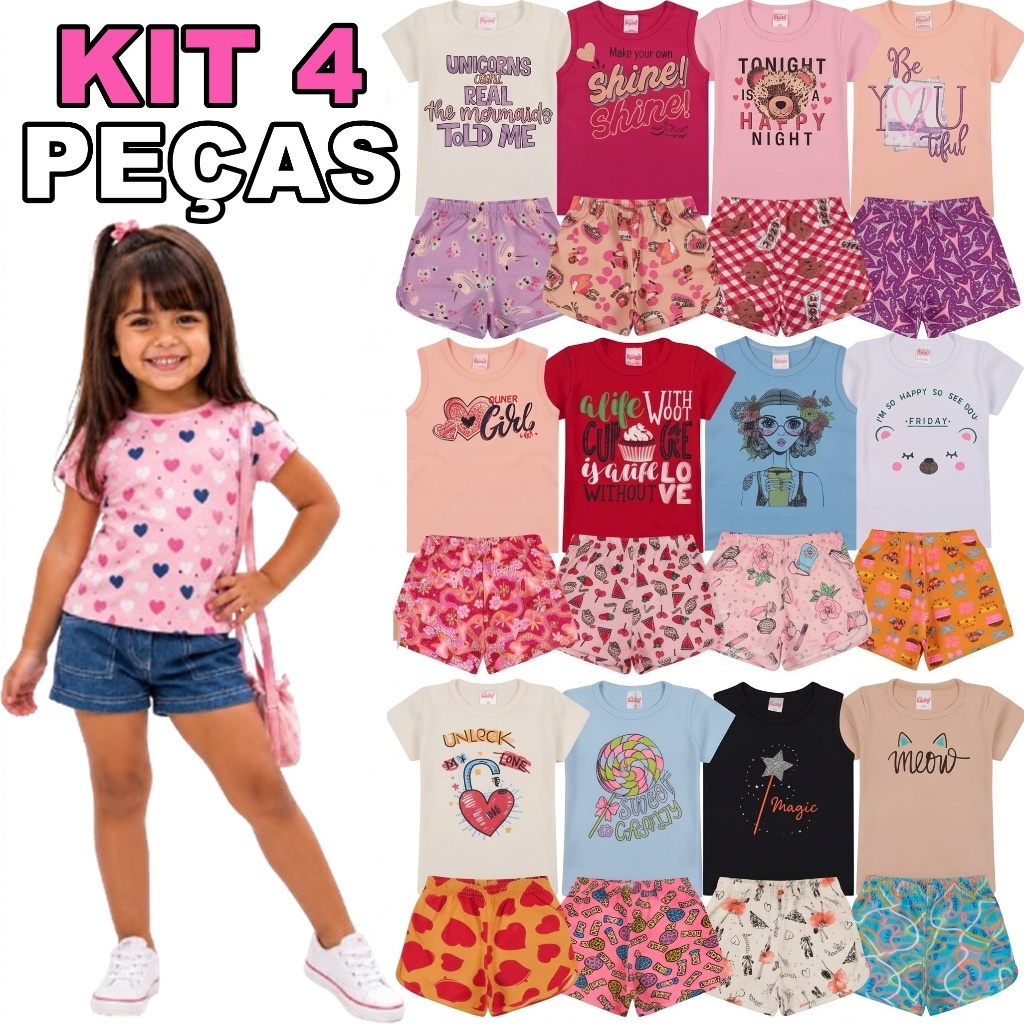 Kit 4 Peças de Roupas Infantil Menina Conjunto Verão Algodão Feminino
