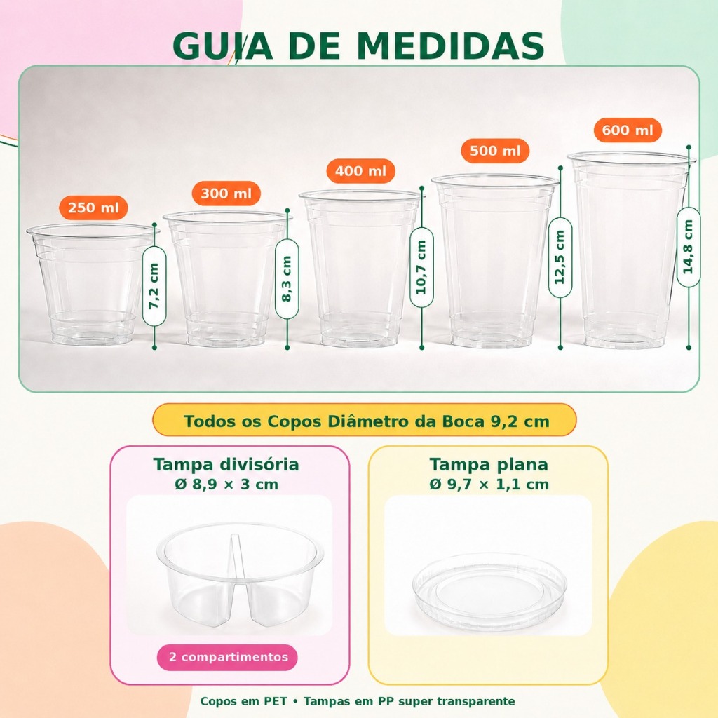 Kit 25 Copos Com Tampa Divisória (250, 300, 400, 500, 600ml) Açaí, Sorvetes, Delivery — imagem 2 de 2