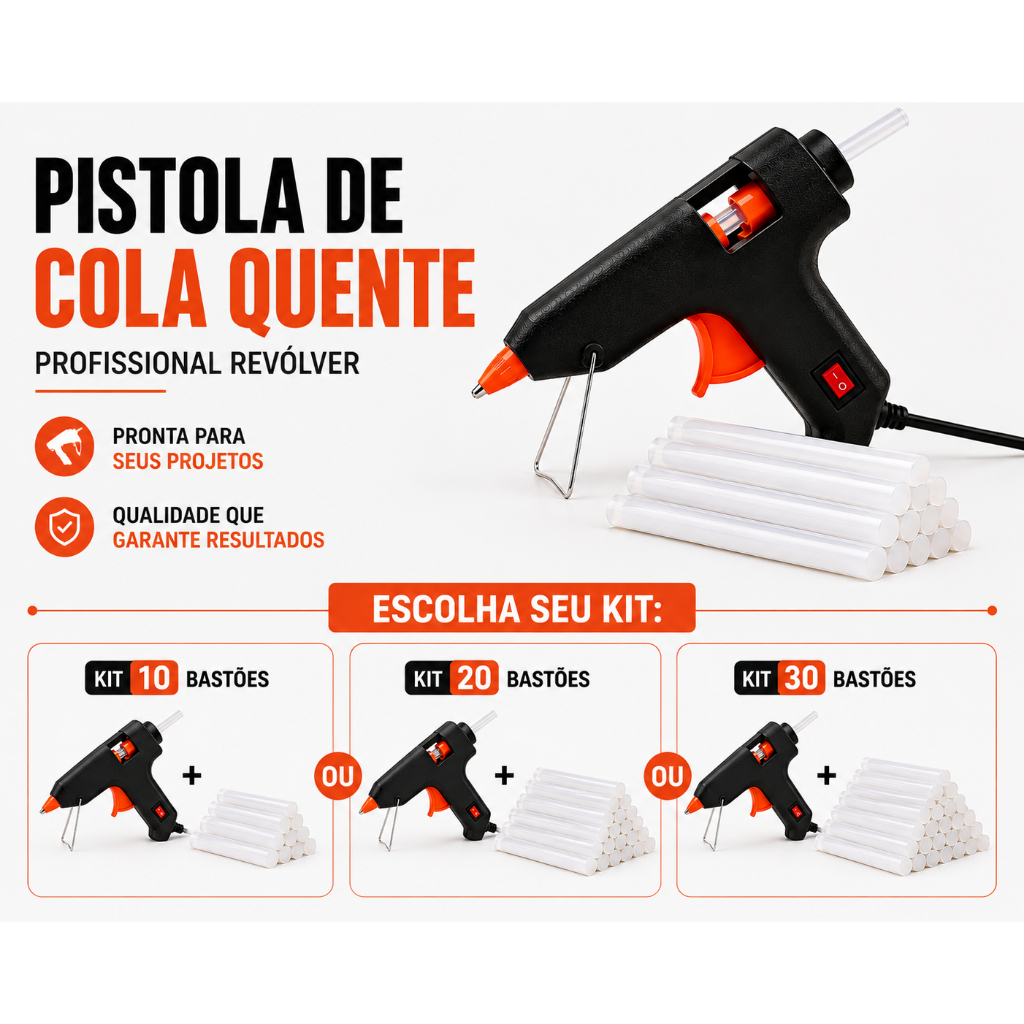Pistola de Cola Quente Pequena Bivolt Profissional Revólver + 10 20 ou 30 Bastões