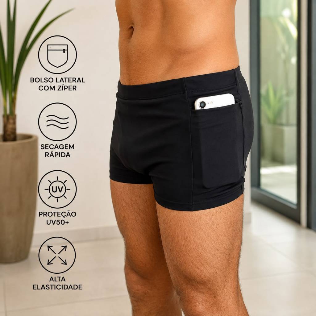 Sunga Boxer Masculina com Bolso Lateral e Zíper Cadarço Poliamida UV50+ Natação Praia Hidroginástica Secagem Rápida
