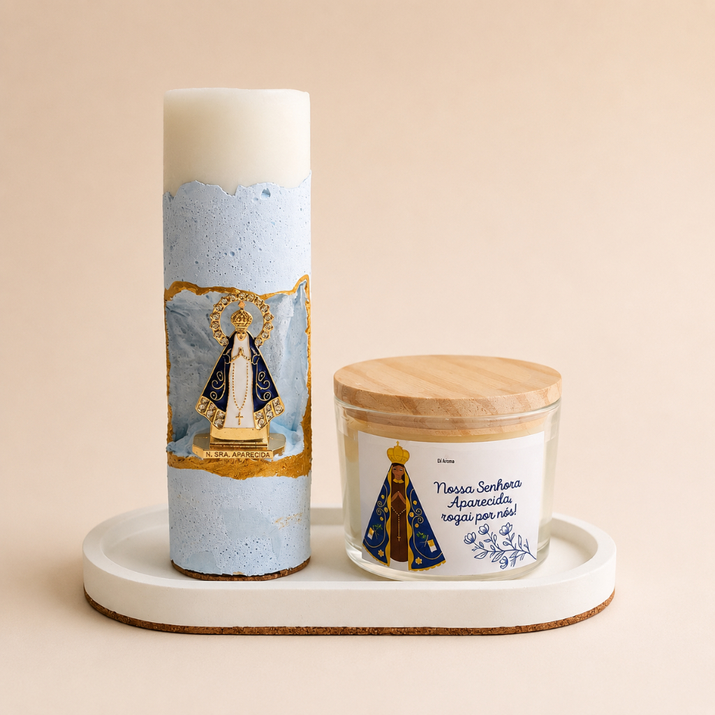 Kit Nossa Senhora Aparecida | Vela Oratório Artesanal + Vela Aromática 100g + Bandeja Decorativa