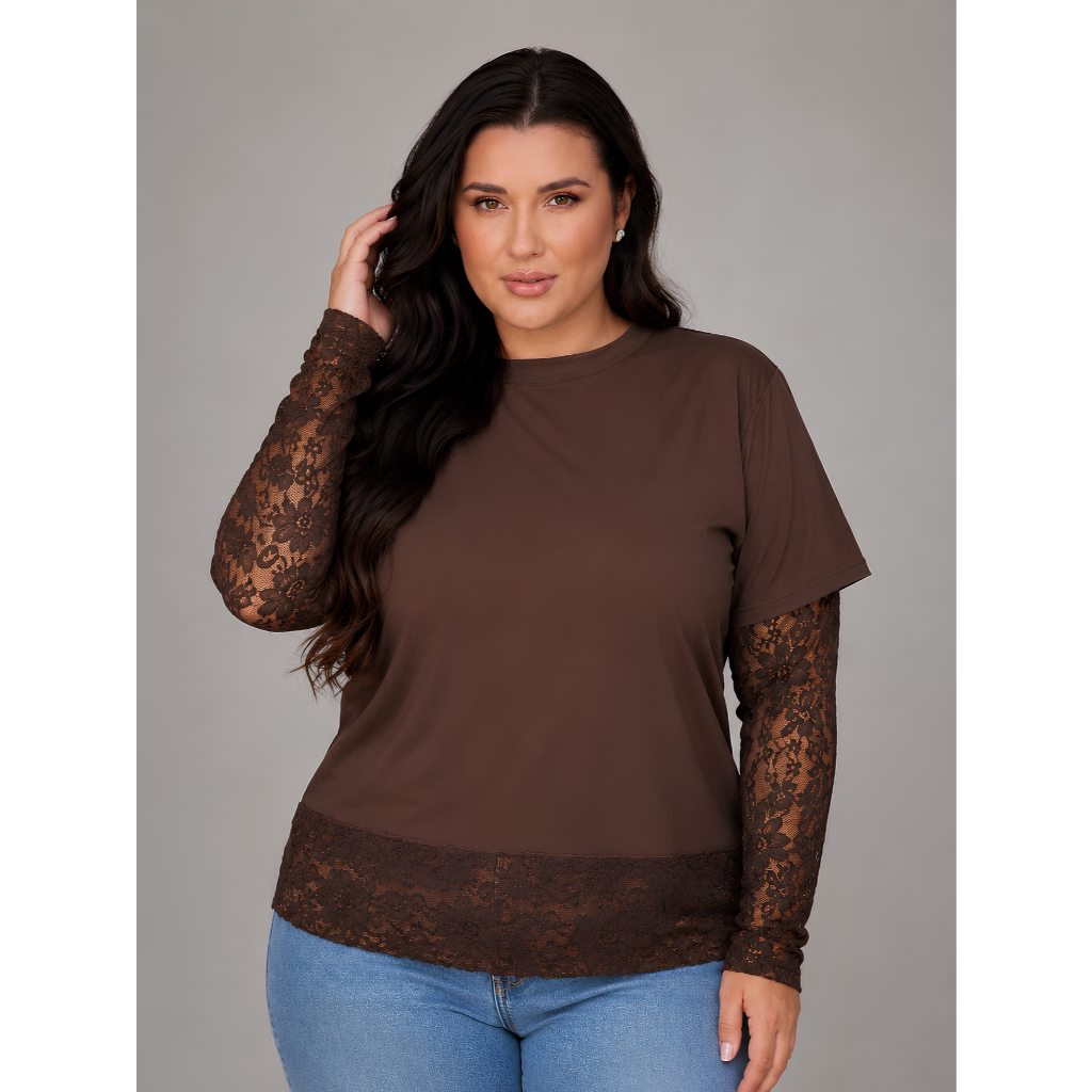 Blusa Plus Size com Renda Moda Casual Elegante Tshirt Feminina Confortável Gola Redonda