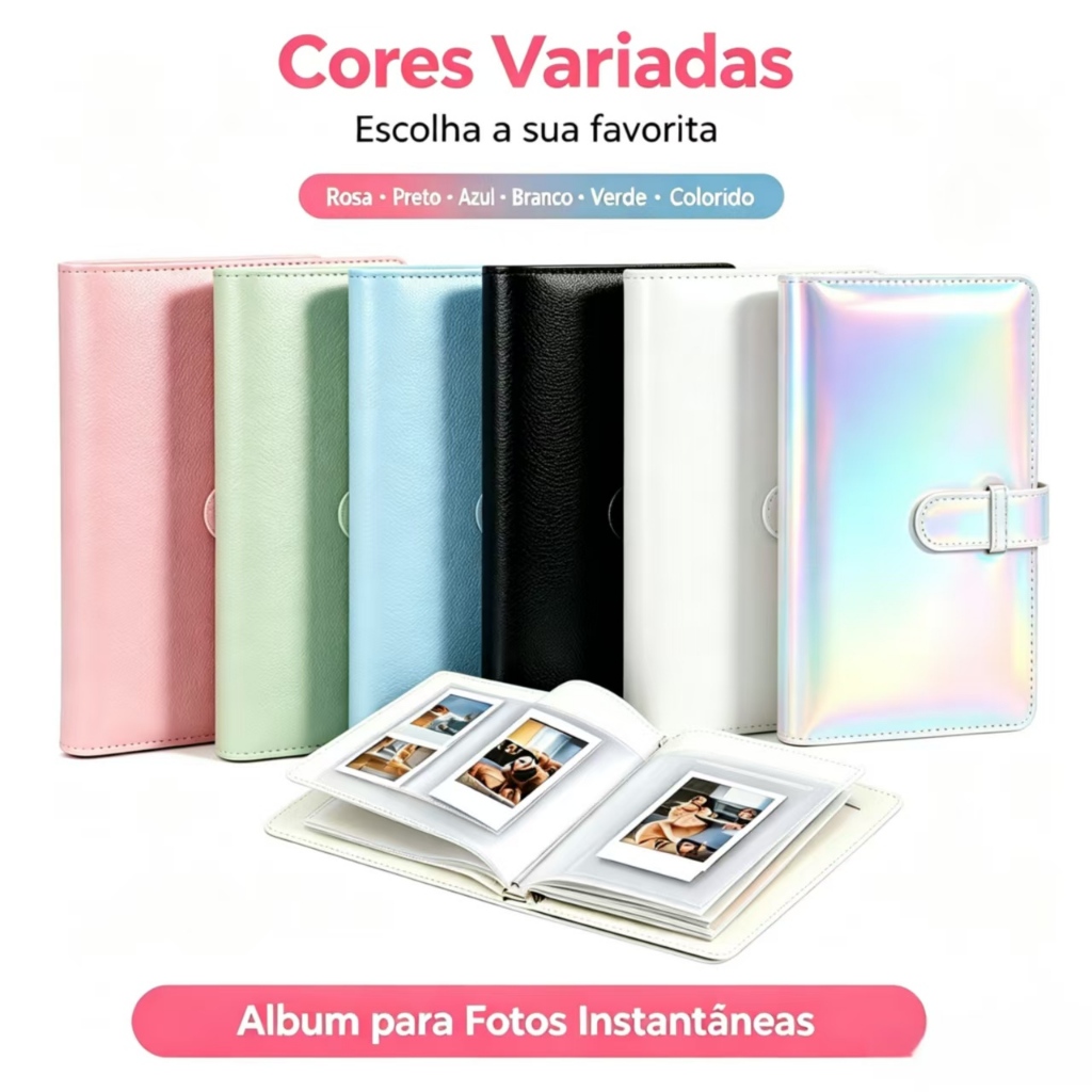 Álbum de Fotos Kpop em Couro PU, 108~256 Encaixes, Alta Capacidade, para Cartões e Fotos Instax Mini 12/11/9/8 e Polaroi