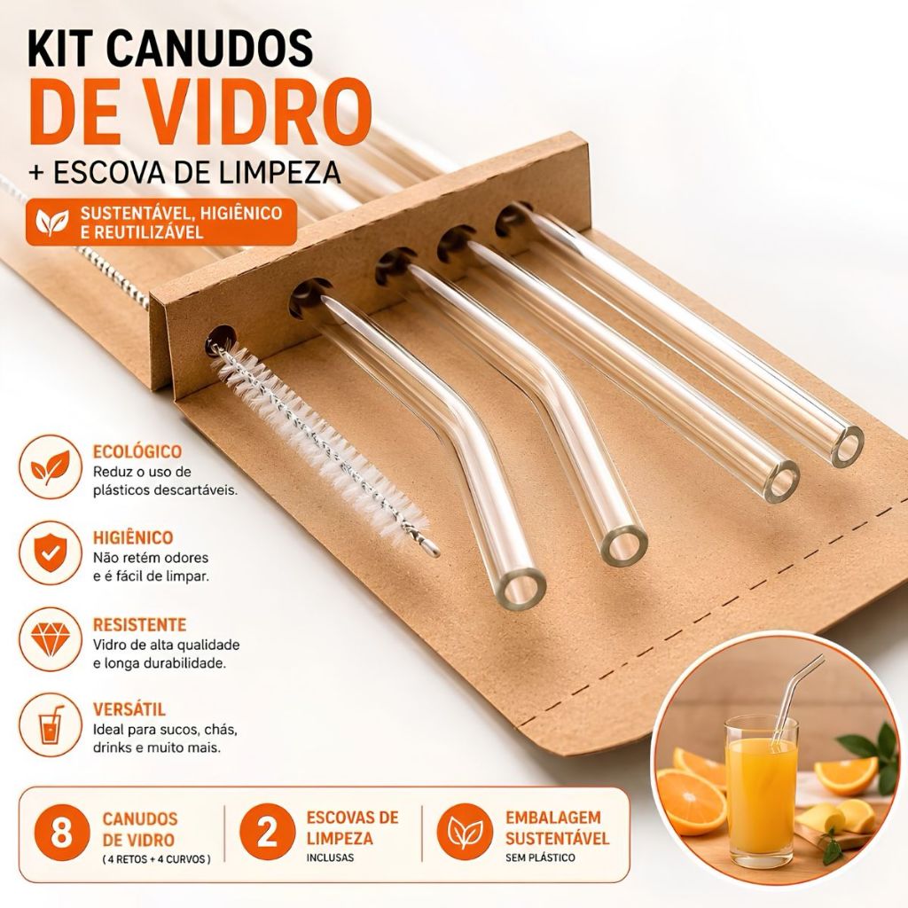 Canudos de Vidro Reutilizáveis Kit 4 Unidades com Limpador para Água Sucos Cafés e Bebidas
