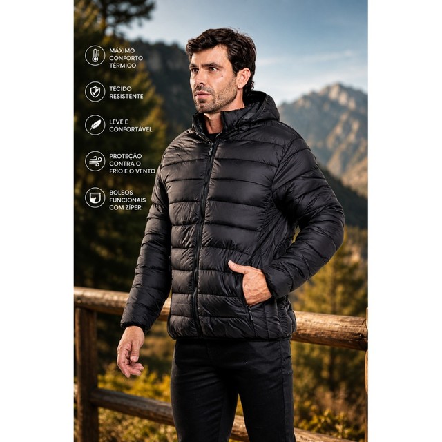 Jaqueta Puffer Masculina Impermeável Bobojaco Capuz Removível Inverno Frio Quente Casual Bomber.