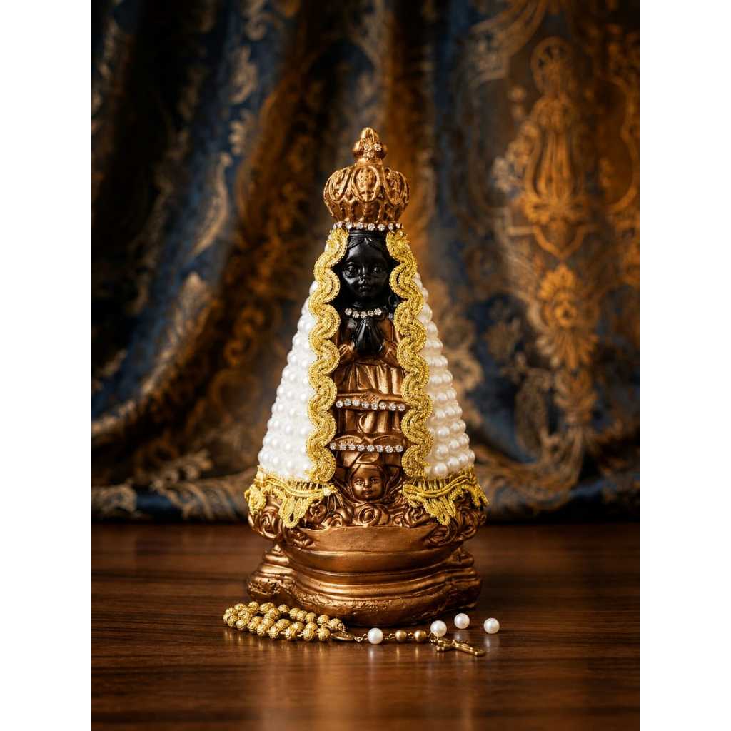 Imagem Nossa Senhora Aparecida Rosto Infantil Gesso Decorada em Pedraria - 17cm