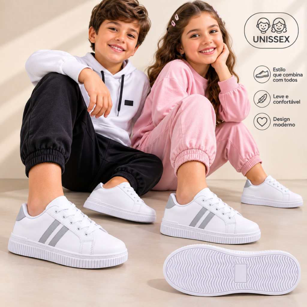 Tênis Infantil Menino Menina Branco Casual Unissex Moda Sapatênis Masculino Feminino