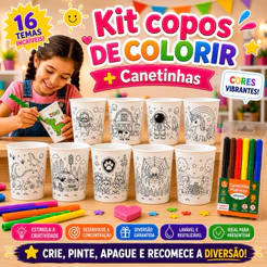 Copo de Colorir + Canetinha Kits com 10 20 ou 30 unidades Várias Estampas Copo Lembrancinha Aniversário Festas Crianças.