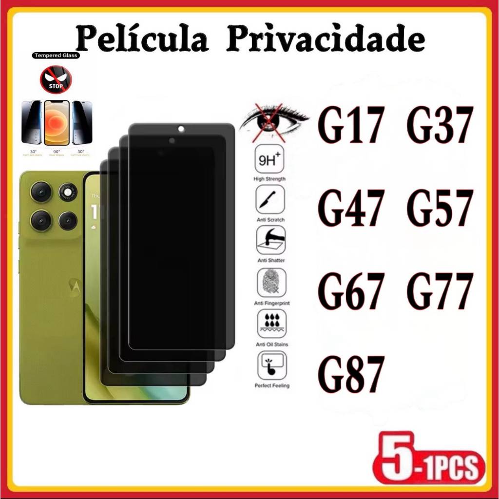 Película Privacidade 3D Vidro Temperado Anti Spy Pra MOTO G17 G37 G47 G57 G67 G77 G87