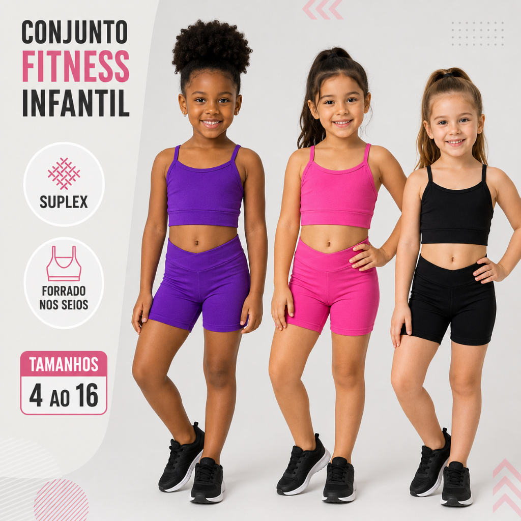 Conjunto Infantil Academia Short Cós Alto + Top Alça Sem Bojo Criança Menina Uniforme Escolar Esportivo