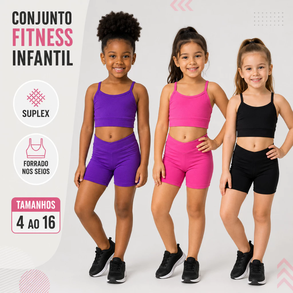 Conjunto Infantil Academia Short Cós Alto + Top Alça Sem Bojo Criança Menina Uniforme Escolar Esportivo — imagem 1