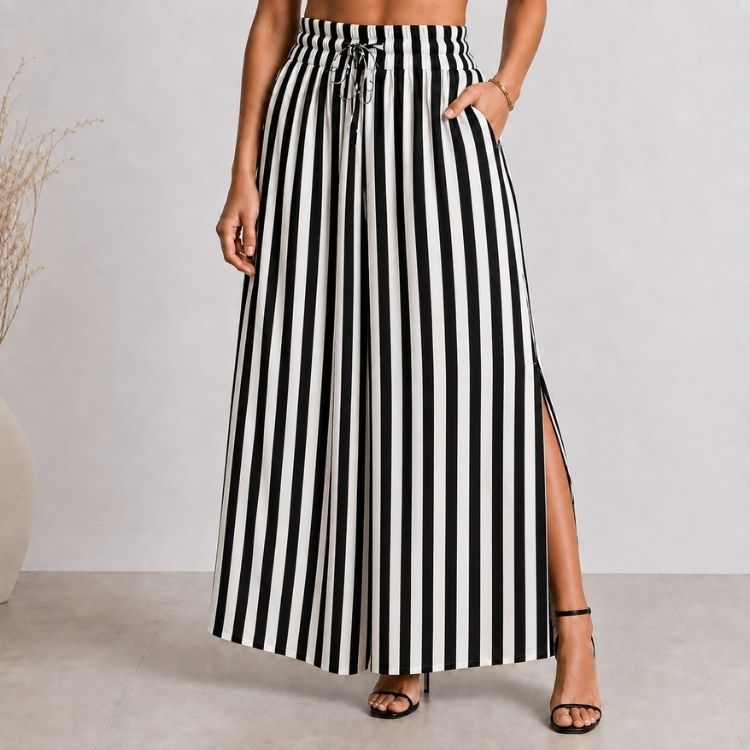 Saia Longa Estampada Listrada Viscolinho Fenda Lateral Bolso Fashion Casual