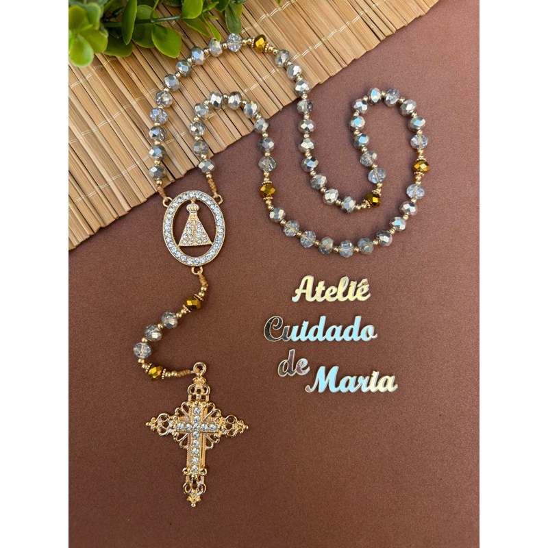 Terço Nossa Senhora Aparecida - Terço Católico Artesanal Cristais de vidro e pedras de strass - luxo - Rosário Oração