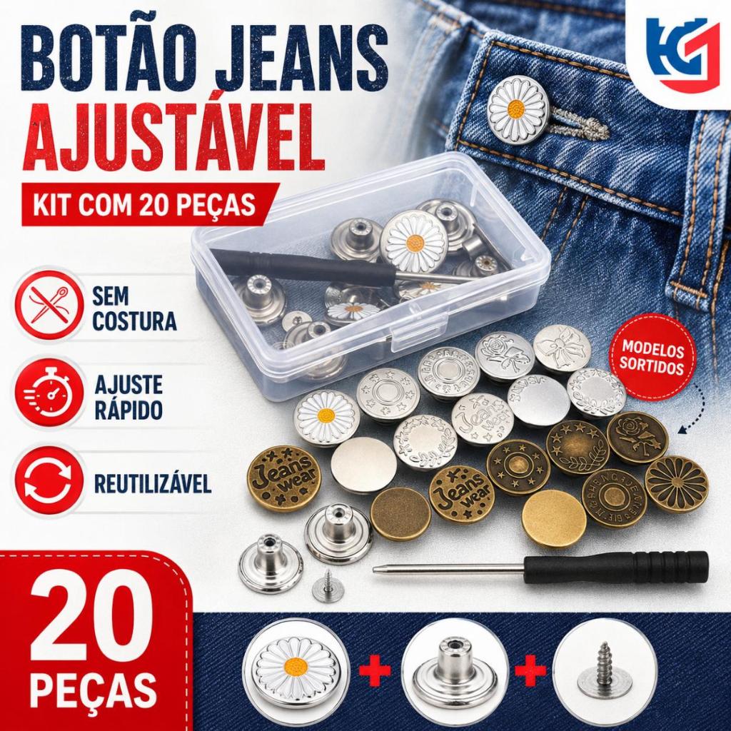 Kit 20 Peças Botão para Substituição de Jeans 17mm Metal Sem Costura Removível Chave