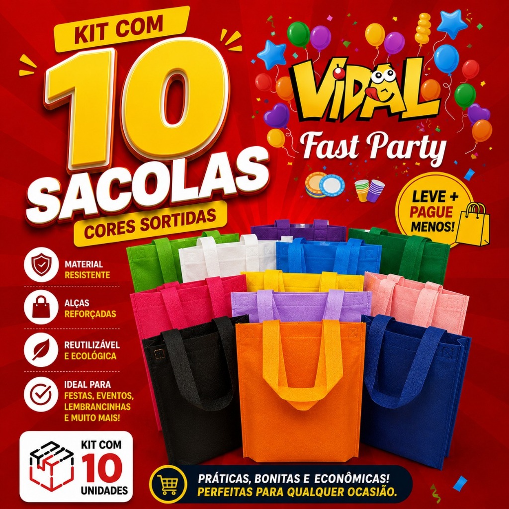 Kit 10 Sacolas Ecobag TNT 20x25 Com Alça Resistente Aniversário Bolsa Festa Saquinho Surpresa