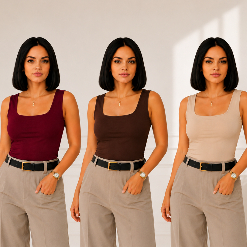KIT 3 Blusa Feminina Regata Decote Quadrado  Reta Casual Tendencia Suplex  Moda Feminina Gringa Básica Verão Blusinha