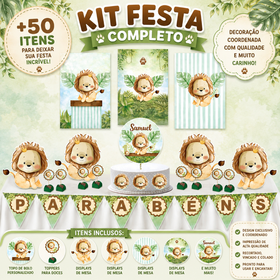 KIT FESTA LEÃOZINHO LEÃO PERSONALIZADO UM BOLINHO|MÊSVERSÁRIO ANIVERSÁRIO|LEMBRANCINHA|PEGUE E MONTE