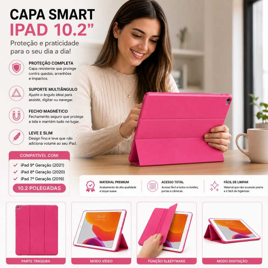 Capa-Capinha compative com iPad 9 iPad 8 iPad 7 10.2 Polegadas Smart Case Magnética Suporte Dobrável Proteção Escritório