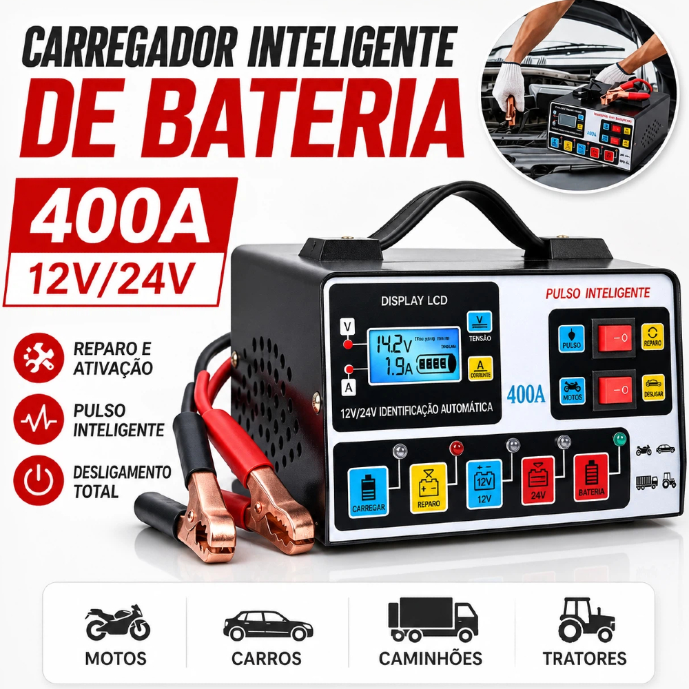 Carregador de Bateria 12V/24V  Automático Reparo de Pulso Alta Frequência Display LCD 220W para Carro