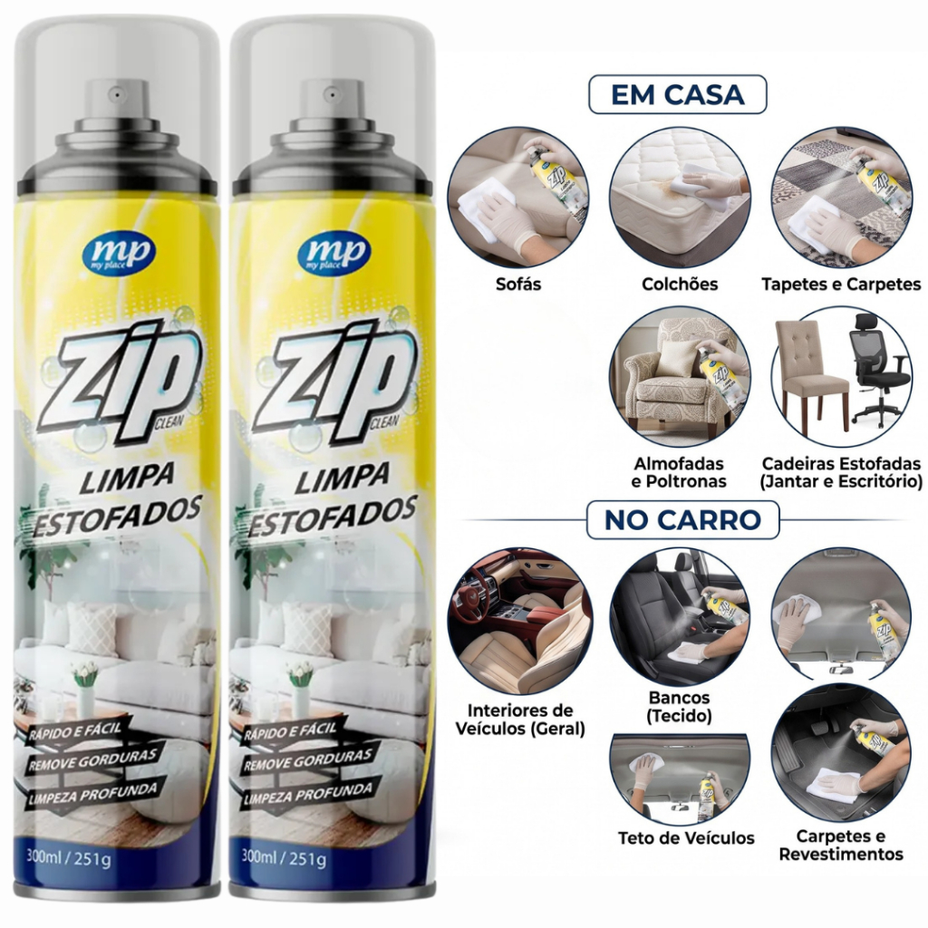 Espuma Limpa Estofados Tira Manchas Sofá Carro Tênis Zip 300ml Spray Ação Rápida Secagem Limpeza a Seco Multiuso