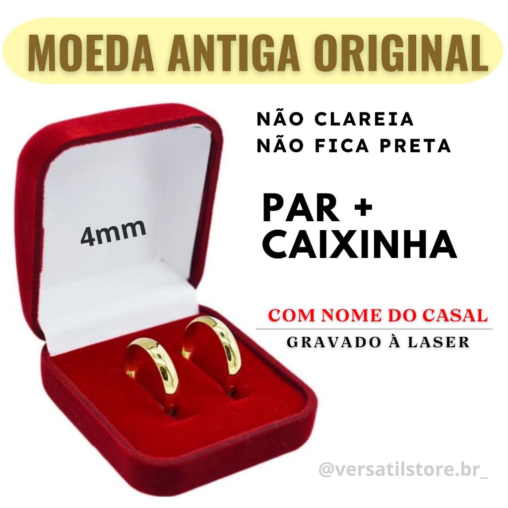 Par de Aliança Moeda Antiga + Gravação | Aliança Tradicional 4mm Noivado Casamento